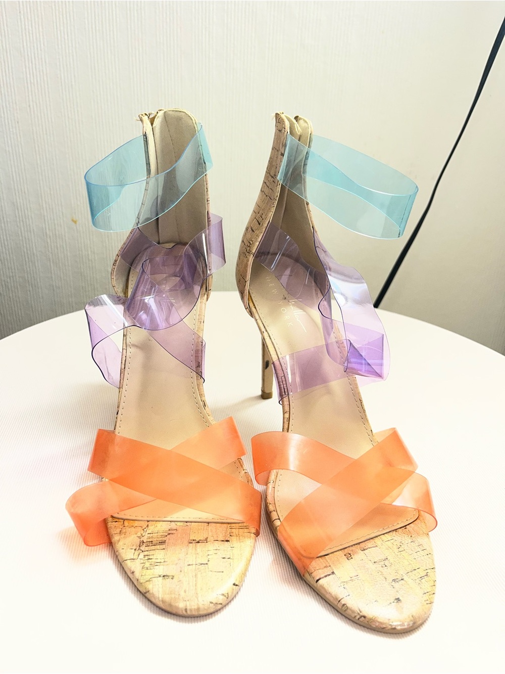 Multi-Color Clear Strap Stiletto Sandals - Orange, Purple & Blue